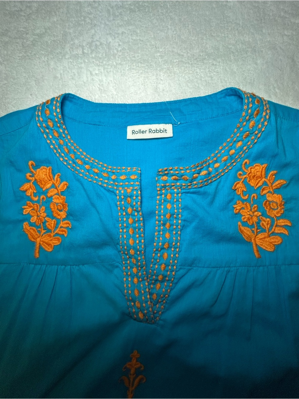 Roller Rabbit Bright Blue Cotton Tiered Dress with Orange Embroidery Size Large - Picture 8 of 13